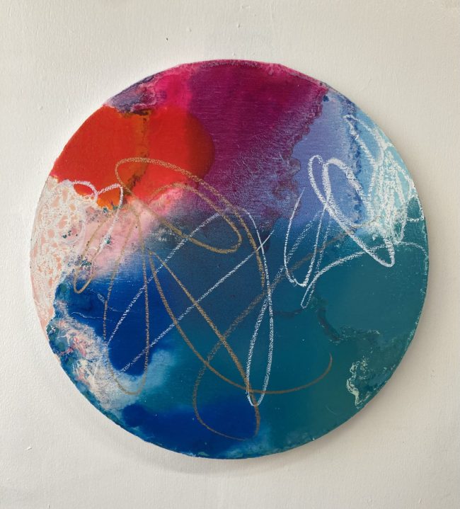 「土のにおい、夜の手ざわり」<br>2023 (Φ40) <br>oil,pastel,watercolor on canvas