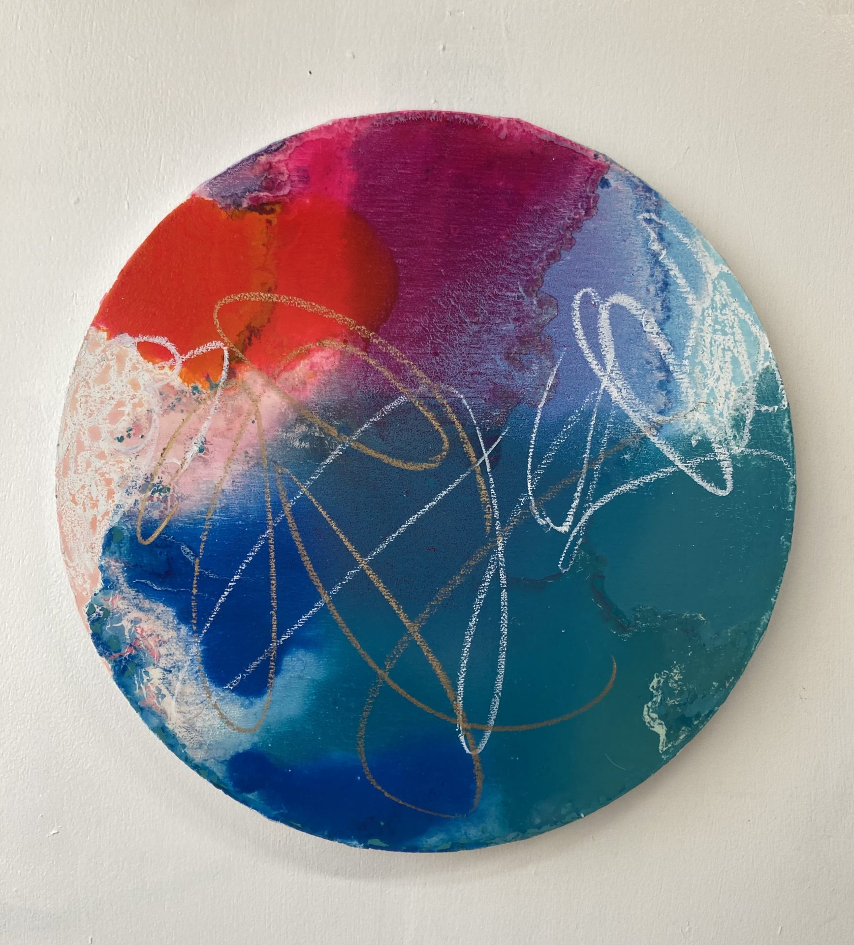 「土のにおい、夜の手ざわり」<br>2023 (Φ40) <br>oil,pastel,watercolor on canvas